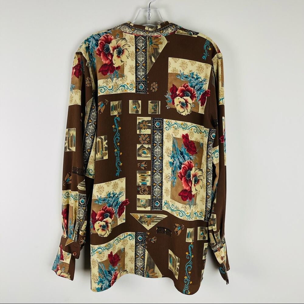 Vintage brown cream red floral roses 80s 90s button front shirt top large - Picture 7 of 9